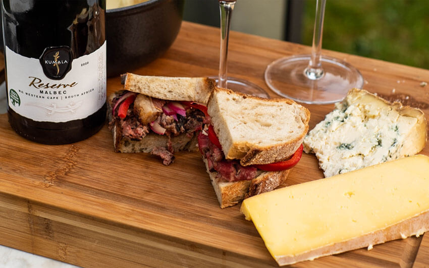 Recipe image of Grilled Beef Kebab And Steak Sandwich With Three Cheese Fondue, Pickles And Toasted Sourdough