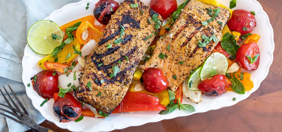 Charcoal Grilled Salmon With Fresh Herbs & Grilled Vegetables