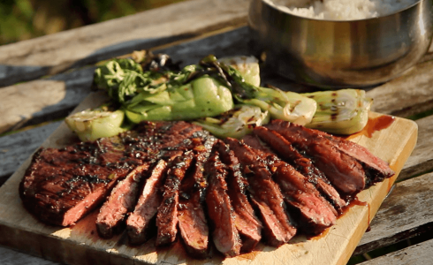 Asian Steak with grilled pak choi and ginger soy dressing